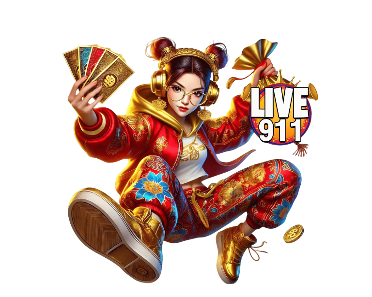 การ์ตูนตัวละครจีนถือม้วนคัมภีร์ กระโดดพร้อมเหรียญทอง และโลโก้ LIVE911